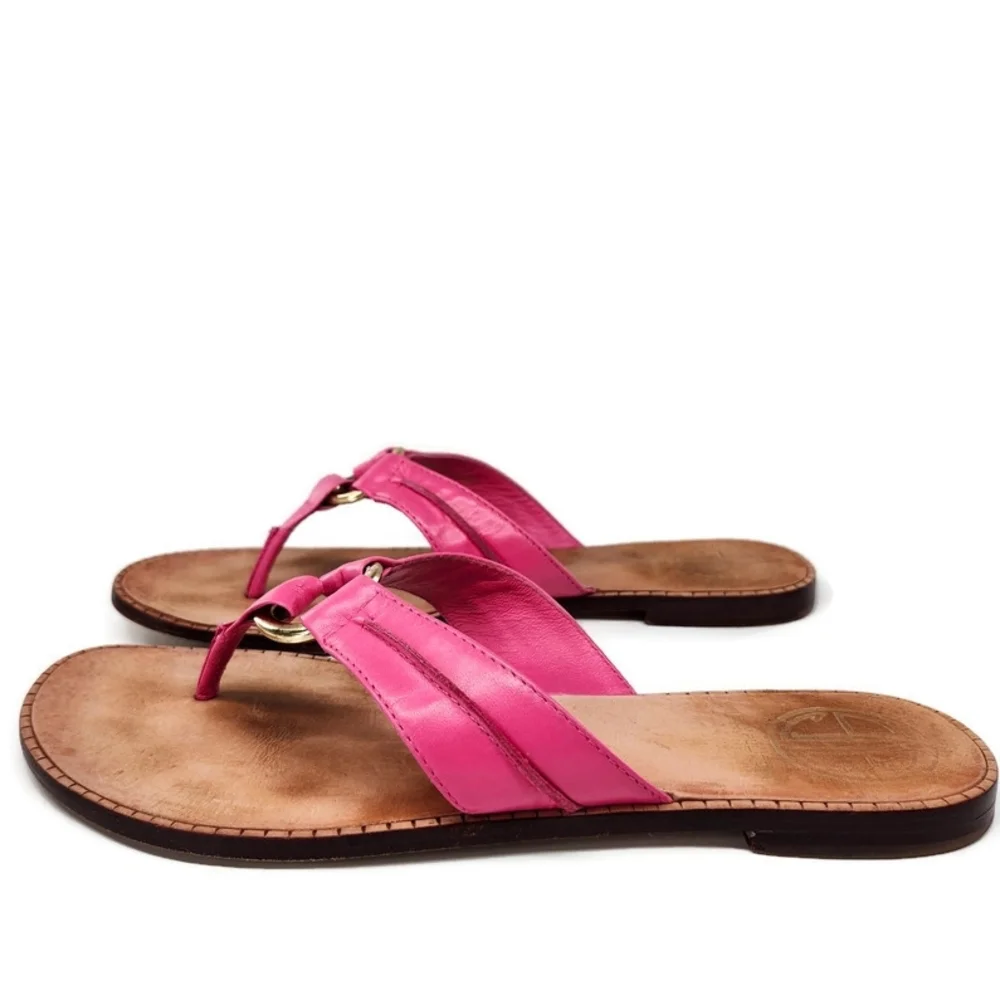 Lilly Pulitzer via Palm Beach McKim Pink Leather Gold Ring Thong Slide Sandals